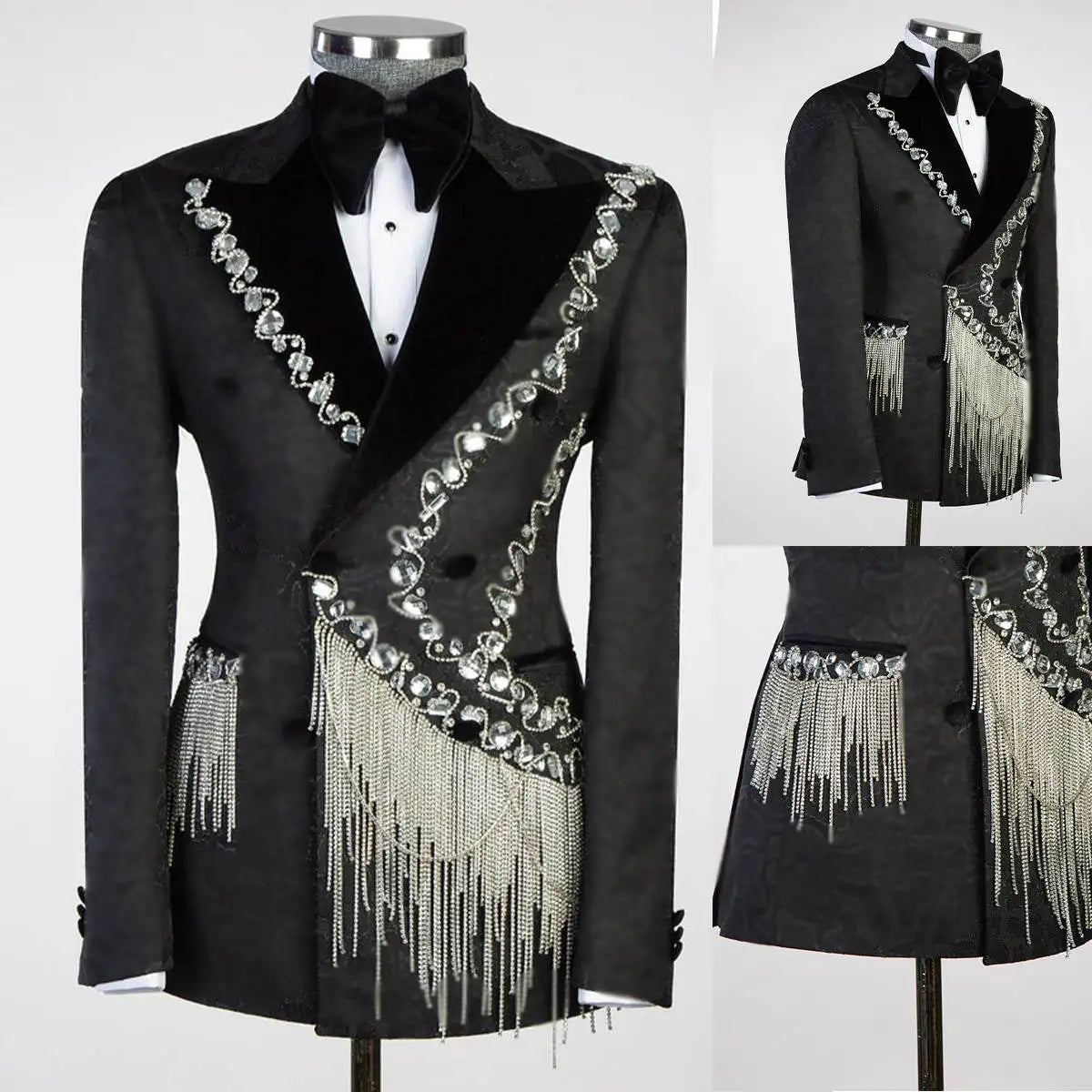 Ensemble de costumes pour hommes en cristal noir, smoking vintage à pompons et revers pointus, veste de soirée pour garçons d'honneur, robe formelle 2 pièces