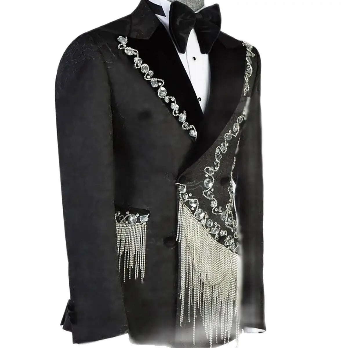 Traje de hombre de cristal negro con borlas vintage, esmoquin con solapa de pico, chaqueta de fiesta para padrinos de boda, vestido formal de 2 piezas