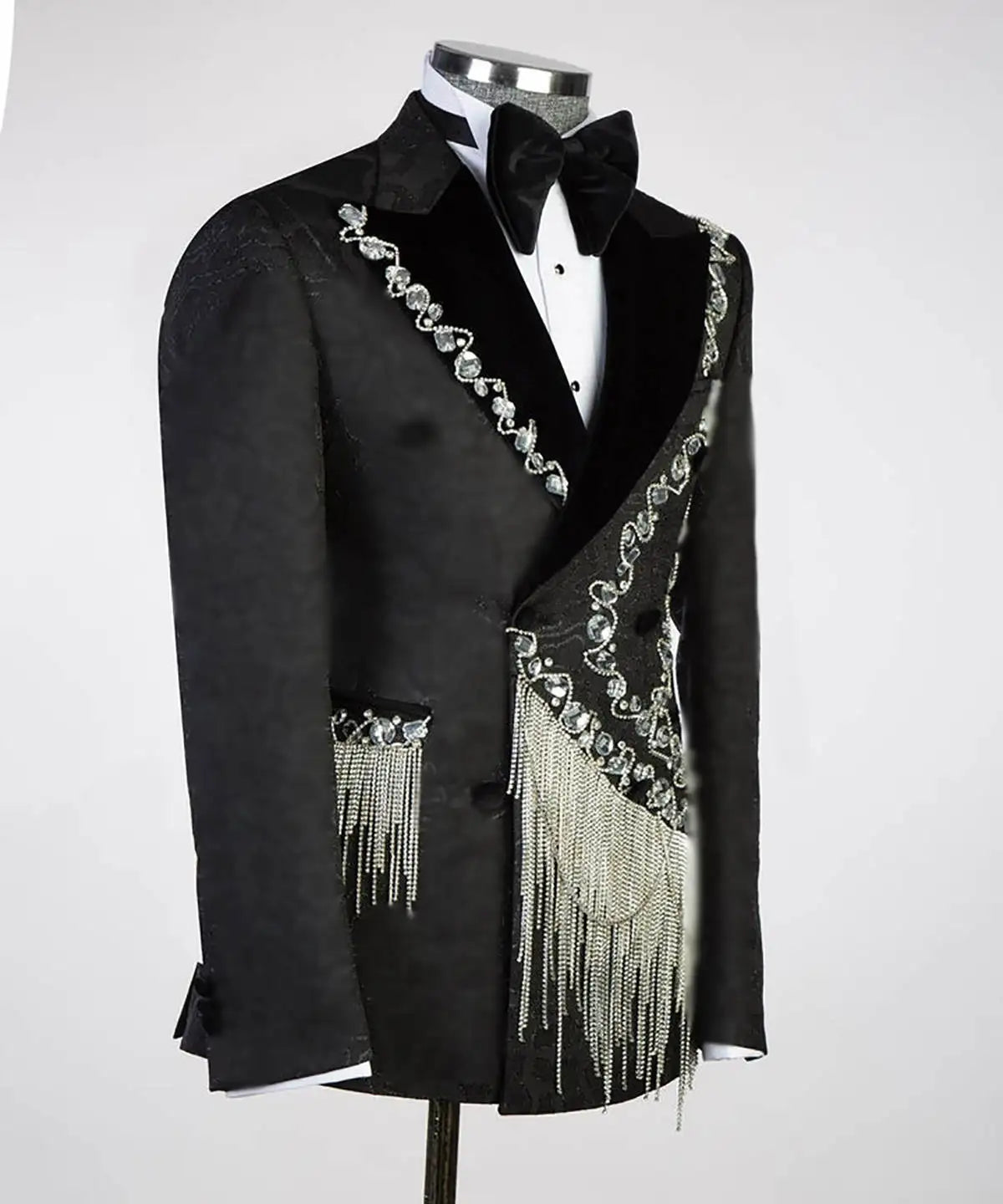 Traje de hombre de cristal negro con borlas vintage, esmoquin con solapa de pico, chaqueta de fiesta para padrinos de boda, vestido formal de 2 piezas