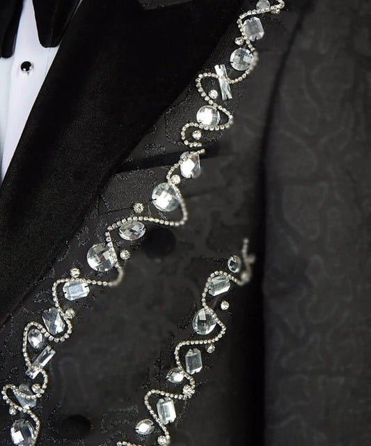 Ensemble de costumes pour hommes en cristal noir, smoking vintage à pompons et revers pointus, veste de soirée pour garçons d'honneur, robe formelle 2 pièces