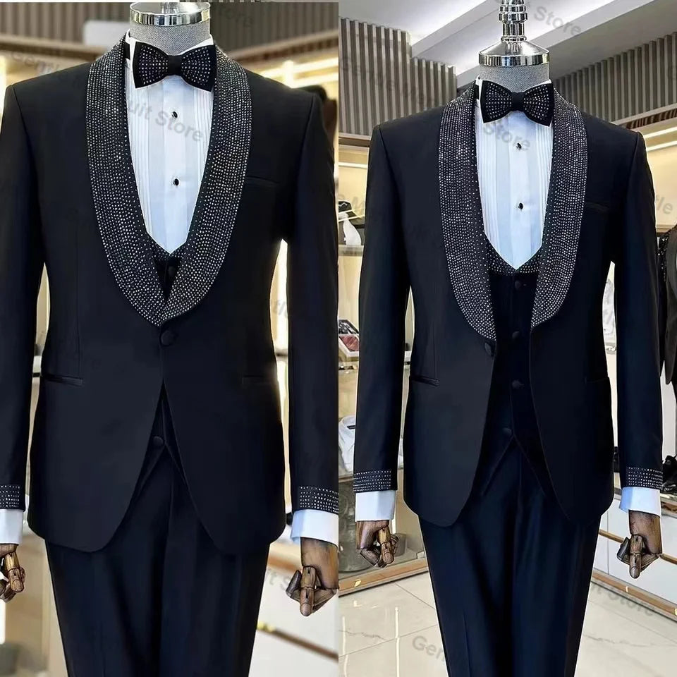 Traje de esmoquin negro para hombre con solapa chal con diamantes de imitación y pajarita a juego