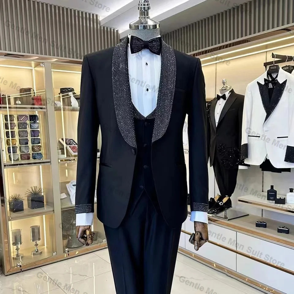 Traje de esmoquin negro para hombre con solapa chal con diamantes de imitación y pajarita a juego