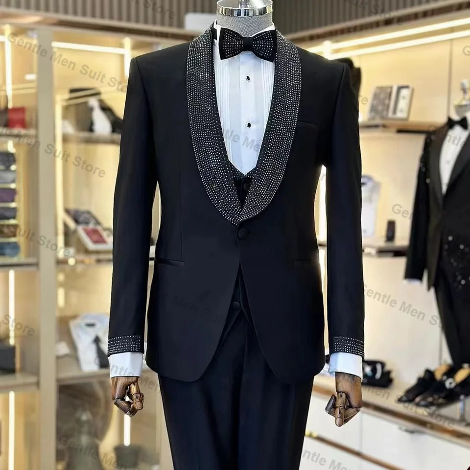 Traje de esmoquin negro para hombre con solapa chal con diamantes de imitación y pajarita a juego