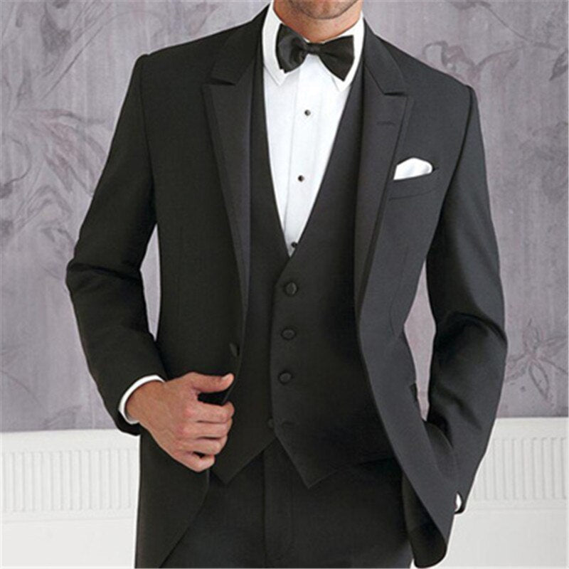 Costume de marié noir sur mesure pour homme, ensemble 3 pièces (veste, pantalon, gilet, cravate), coupe slim, pour mariage, soirée 