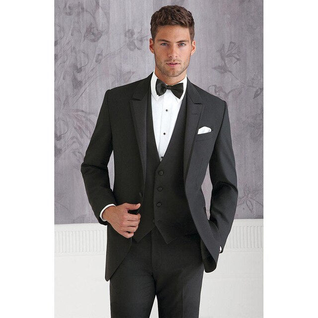 Costume de marié noir sur mesure pour homme, ensemble 3 pièces (veste, pantalon, gilet, cravate), coupe slim, pour mariage, soirée 