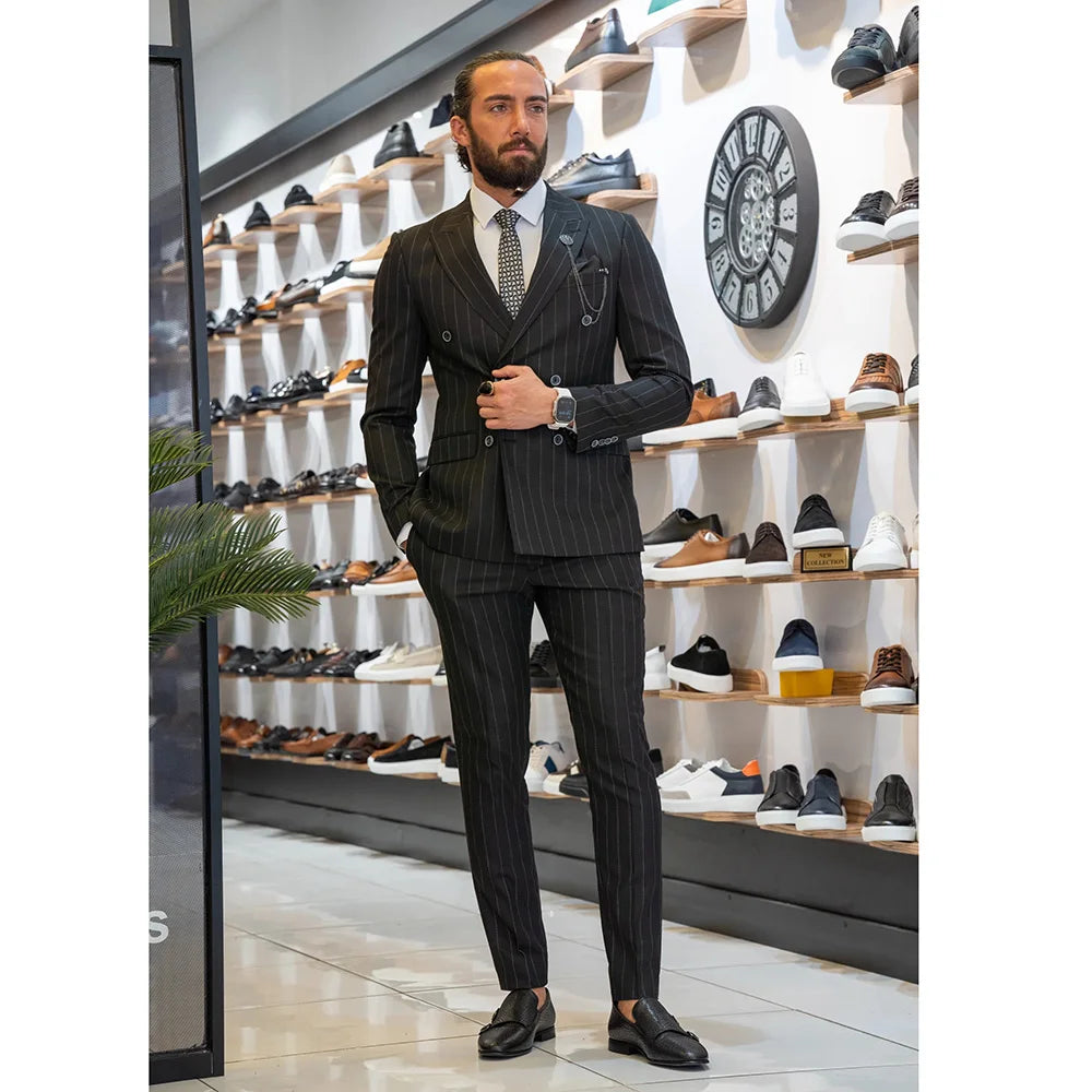 Costume homme noir croisé à revers pointus et à fines rayures, ensemble 2 pièces slim de haute qualité, veste pantalon et blazer de mariage