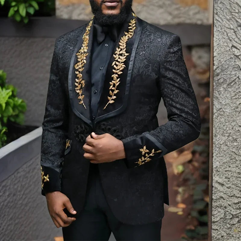Black Floral Men Suits with Buttons Shawl Lapel Jacket with Pants 2  Piece Wedding Groom Tuxedo ( Blazer + Trousers)