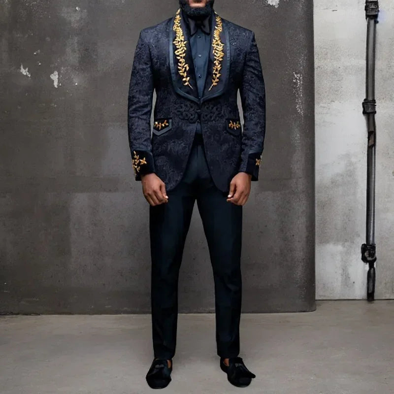 Trajes florales negros para hombre con botones, chaqueta con solapa chal y pantalón, esmoquin de 2 piezas para novio (blazer + pantalón)