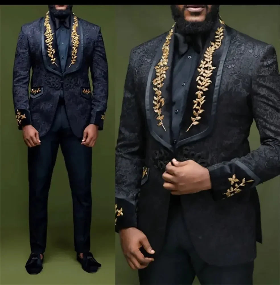 Trajes florales negros para hombre con botones, chaqueta con solapa chal y pantalón, esmoquin de 2 piezas para novio (blazer + pantalón)