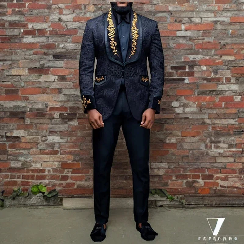 Trajes florales negros para hombre con botones, chaqueta con solapa chal y pantalón, esmoquin de 2 piezas para novio (blazer + pantalón)