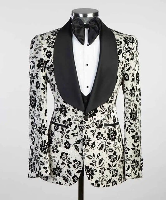 Black Floral Pattern Mens Wedding Tuxedos Shawl Lapel Tailored Pants Suits Birthday Party Prom Groom Wear 2 Pieces Jacket Vest