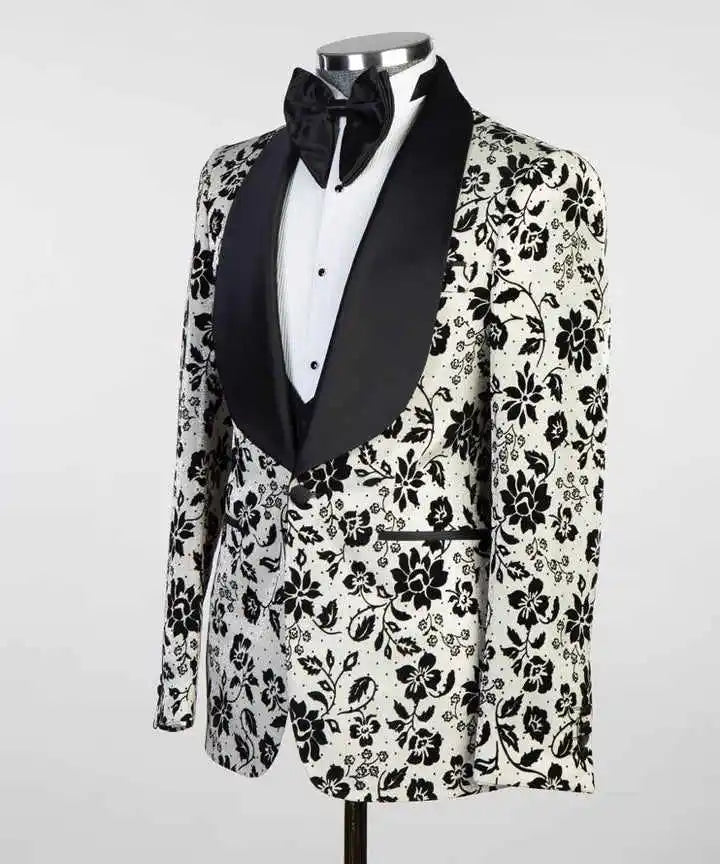 Costume de mariage 2 pièces pour homme, motif floral noir, avec revers châle, pantalon sur mesure, pour fête d'anniversaire, bal de promo, marié