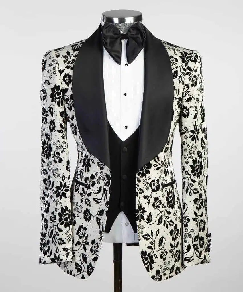 Costume de mariage 2 pièces pour homme, motif floral noir, avec revers châle, pantalon sur mesure, pour fête d'anniversaire, bal de promo, marié