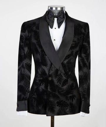 Black Floral Pattern Tuxedos Shawl Lapel Groom Party Prom Coat Business Wear Outfit One Piece