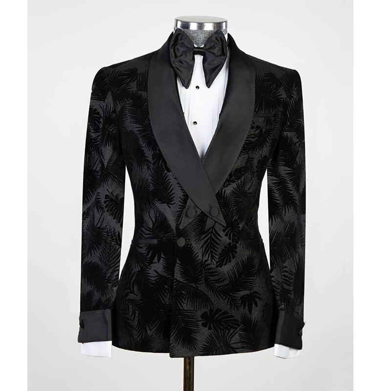 Black Floral Pattern Tuxedos Shawl Lapel Groom Party Prom Coat Business Wear Outfit One Piece
