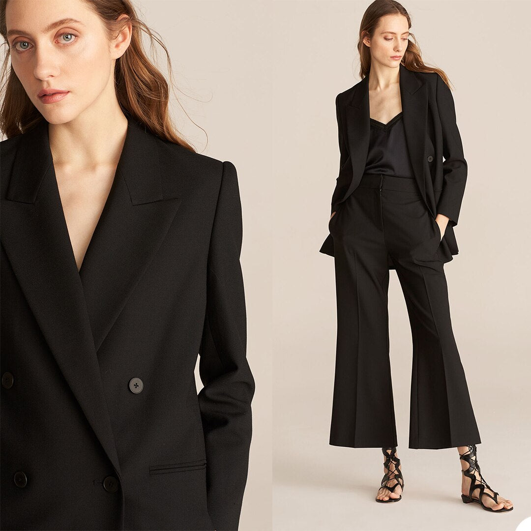 Costume de bureau noir formel pour femme, tenue de travail avec pantalon large, tenue de soirée, de bal, blazer, smoking, 2 pièces 