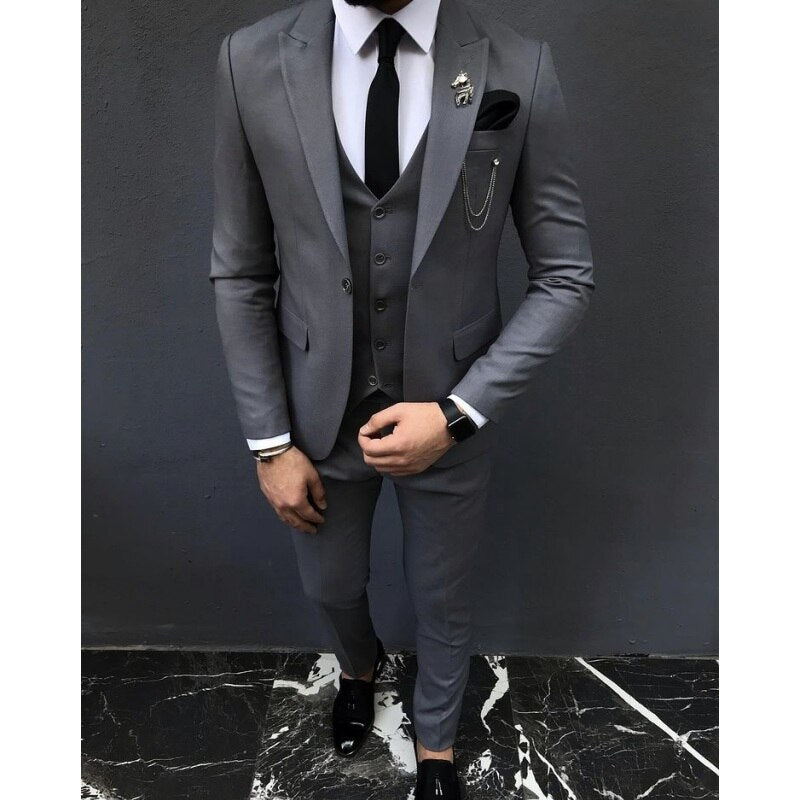 Black Gray Blue Classic Men's Suits 3Pieces Slim Fit Wedding Tuxedos Groom Party Wear Blazer Trousers Business Jacket+Vest+Pants
