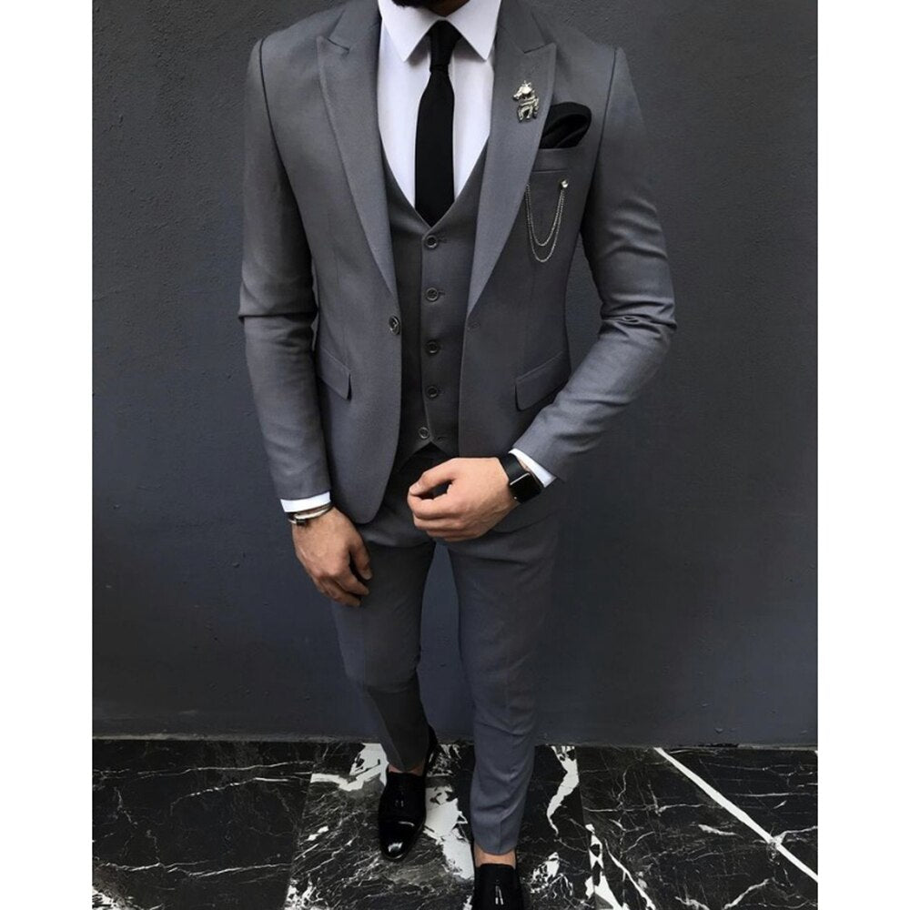 Black Gray Blue Classic Men's Suits 3Pieces Slim Fit Wedding Tuxedos Groom Party Wear Blazer Trousers Business Jacket+Vest+Pants