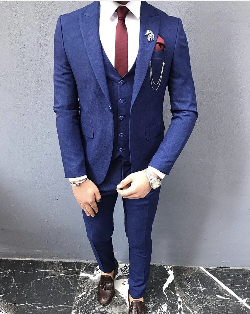 Black Gray Blue Classic Men's Suits 3Pieces Slim Fit Wedding Tuxedos Groom Party Wear Blazer Trousers Business Jacket+Vest+Pants