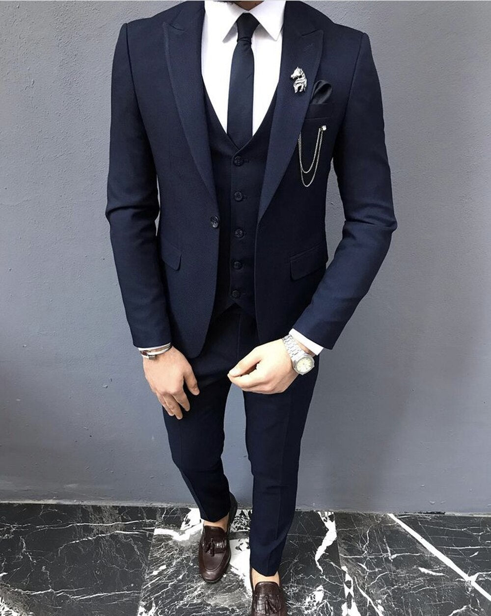 Black Gray Blue Classic Men's Suits 3Pieces Slim Fit Wedding Tuxedos Groom Party Wear Blazer Trousers Business Jacket+Vest+Pants
