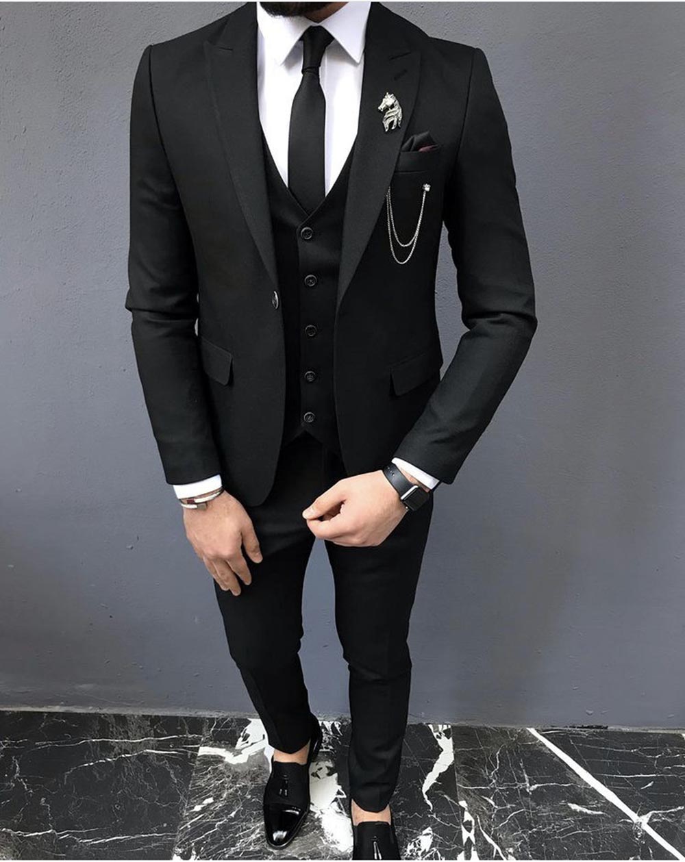Black Gray Blue Classic Men's Suits 3Pieces Slim Fit Wedding Tuxedos Groom Party Wear Blazer Trousers Business Jacket+Vest+Pants