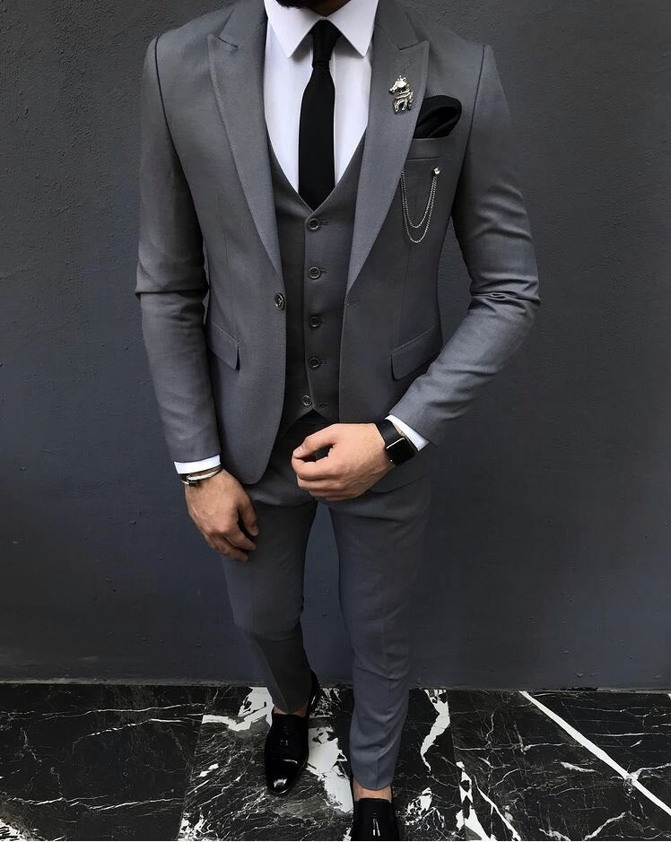 Black Gray Blue Classic Men's Suits 3Pieces Slim Fit Wedding Tuxedos Groom Party Wear Blazer Trousers Business Jacket+Vest+Pants