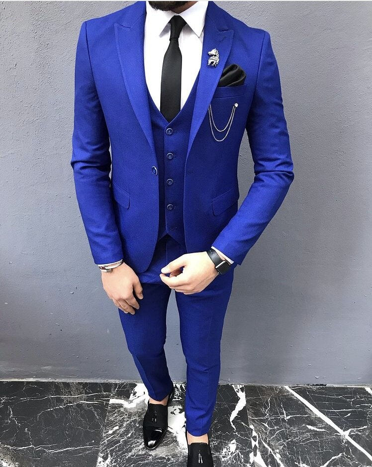 Black Gray Blue Classic Men's Suits 3Pieces Slim Fit Wedding Tuxedos Groom Party Wear Blazer Trousers Business Jacket+Vest+Pants