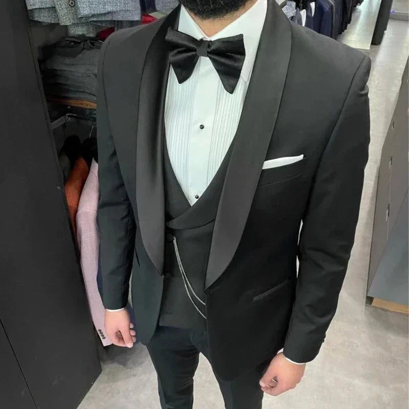 Smoking de marié noir pour mariage, col châle, coupe slim, costume 3 pièces pour homme, blazer de soirée (veste, pantalon et gilet)