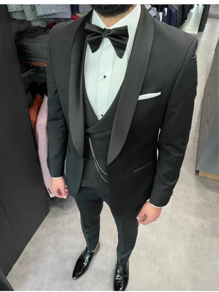 Smoking de marié noir pour mariage, col châle, coupe slim, costume 3 pièces pour homme, blazer de soirée (veste, pantalon et gilet)