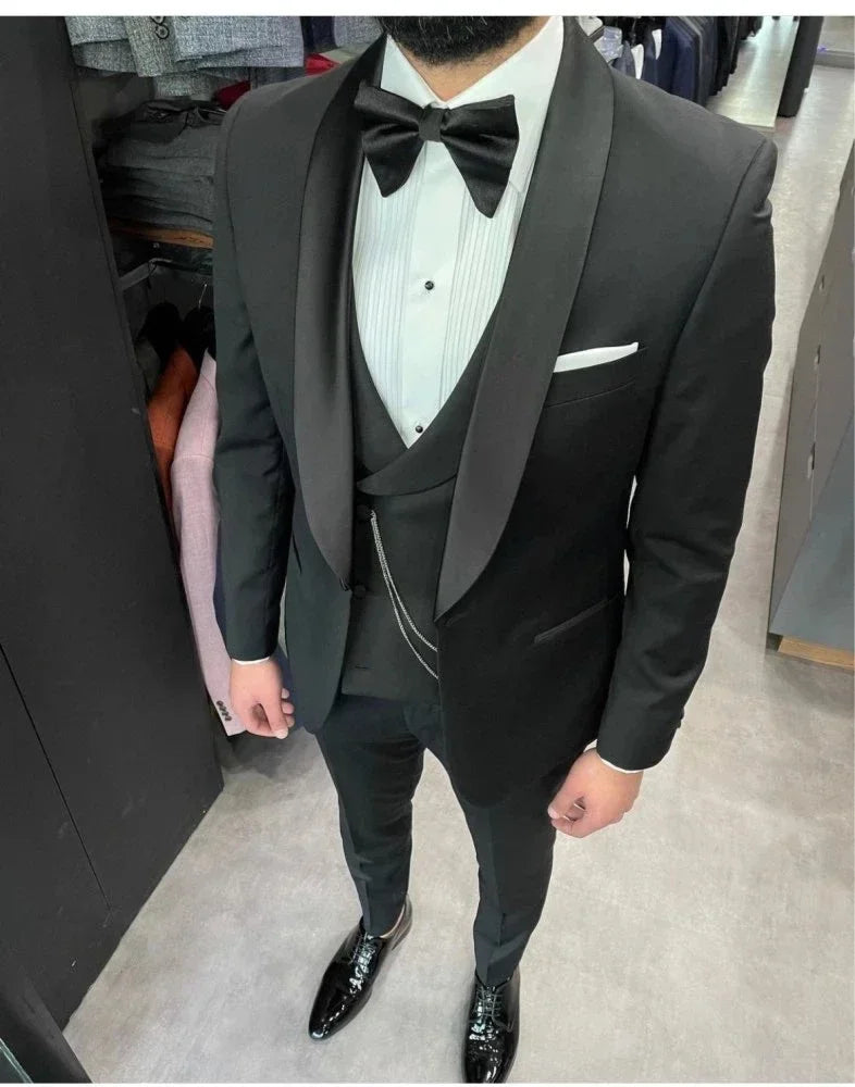 Smoking de marié noir pour mariage, col châle, coupe slim, costume 3 pièces pour homme, blazer de soirée (veste, pantalon et gilet)