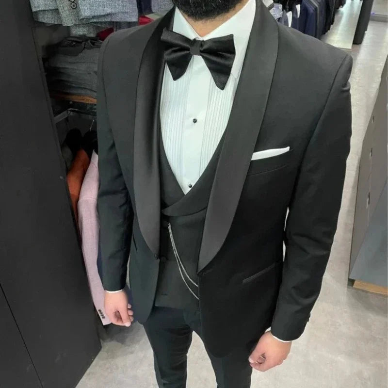 Smoking de marié noir pour mariage, col châle, coupe slim, costume 3 pièces pour homme, blazer de soirée (veste, pantalon et gilet)