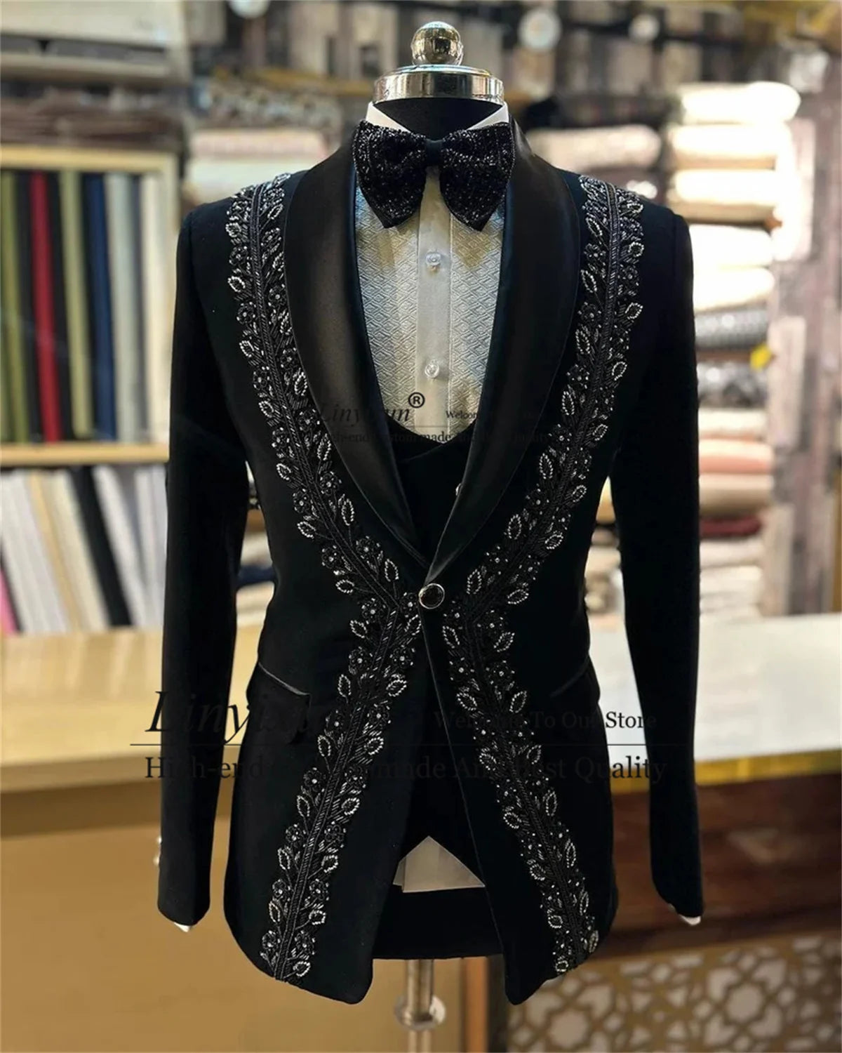 Trajes de hombre de lujo con cuentas de cristal y solapa de chal, conjuntos de 3 piezas para boda, esmoquin de novio, blazer de graduación, traje ajustado para hombre