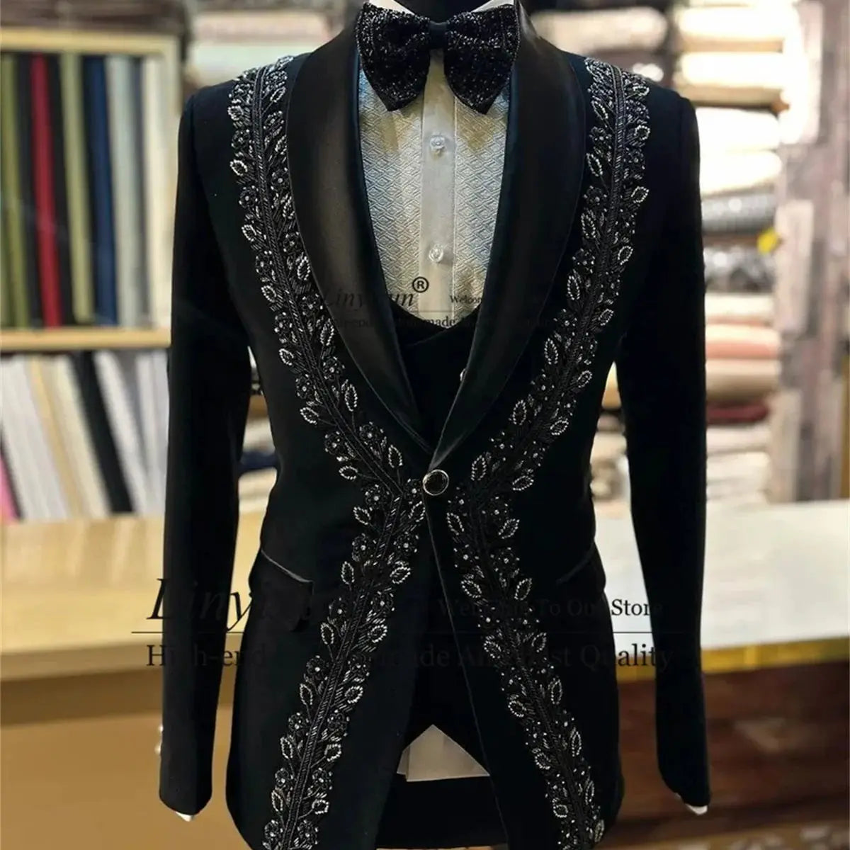 Trajes de hombre de lujo con cuentas de cristal y solapa de chal, conjuntos de 3 piezas para boda, esmoquin de novio, blazer de graduación, traje ajustado para hombre
