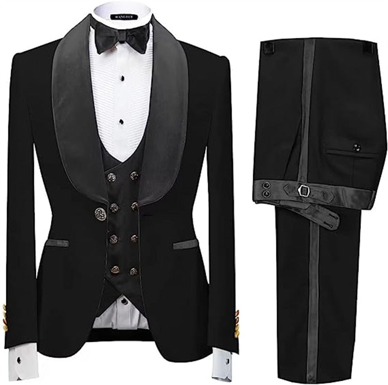 Costume homme 3 pièces en velours jacquard noir et marron, coupe slim, veste, gilet et pantalon, pour mariage d'hiver 