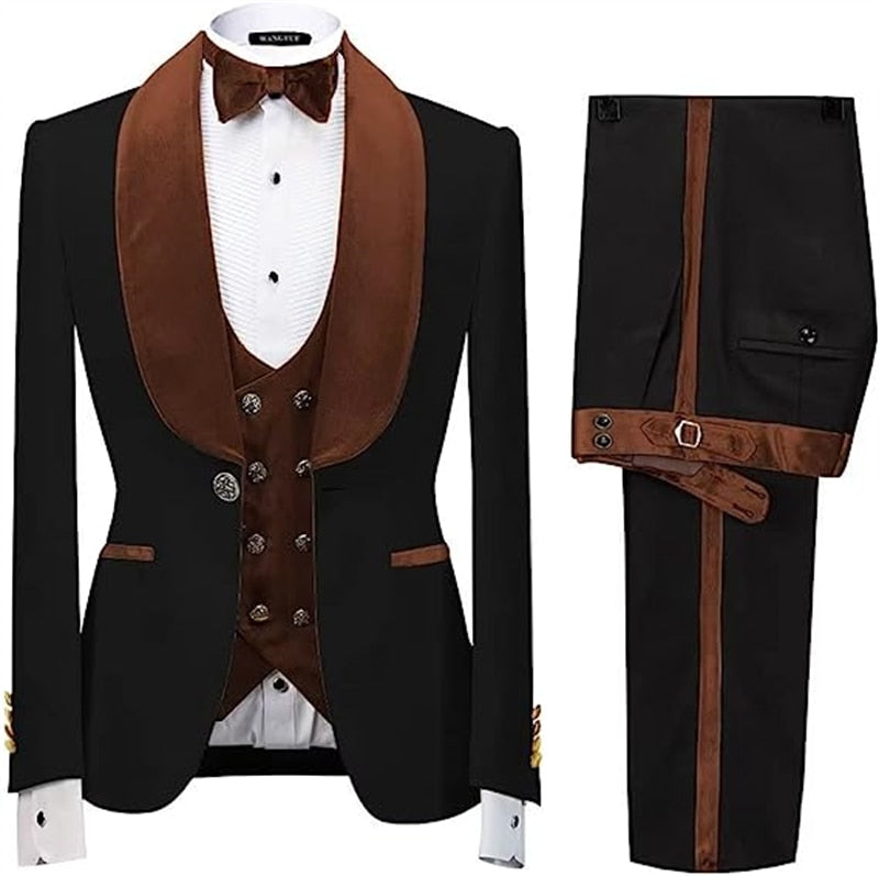 Costume homme 3 pièces en velours jacquard noir et marron, coupe slim, veste, gilet et pantalon, pour mariage d'hiver 