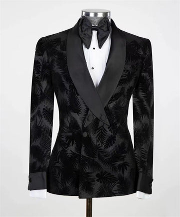 Black Leaf Printed Men Suit Blazer 1 Pcs Coat Satin Lapel Designer Wedding Prom Dress Jacket Custom Made Office Outfit Costume