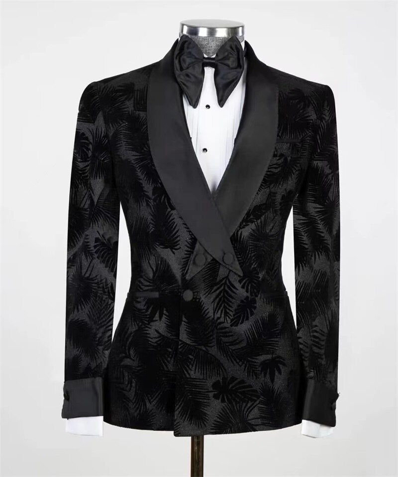 Blazer de traje para hombre con estampado de hojas negras, 1 pieza, abrigo de satén con solapa, chaqueta de diseñador para boda, graduación, traje de oficina a medida. 