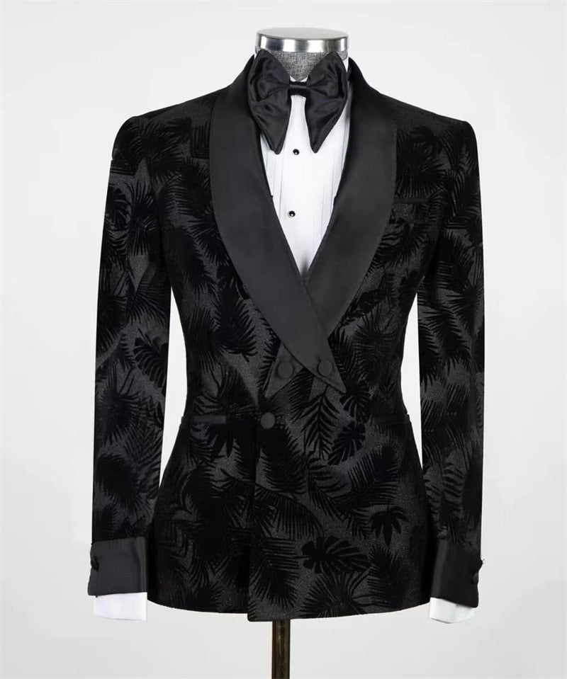 Blazer de traje para hombre con estampado de hojas negras, 1 pieza, abrigo de satén con solapa, chaqueta de diseñador para boda, graduación, traje de oficina a medida. 