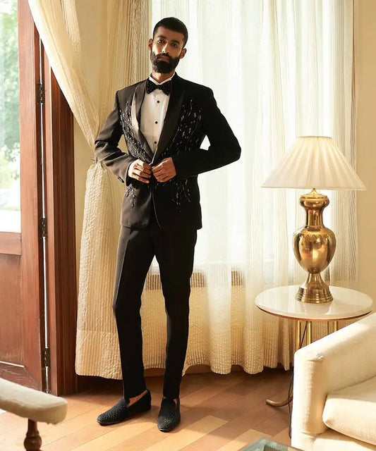Smoking de luxe noir pour homme, costume de mariage, revers cranté, blazer, bureau, 2 pièces, veste avec pantalon, sur mesure