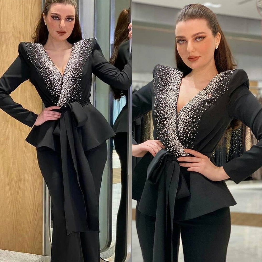 Black Luxury Women Suits For Wedding Crystals Beads Blazer With Belt+Pants Formal Evening Party Dress Tuxedos Custom Made