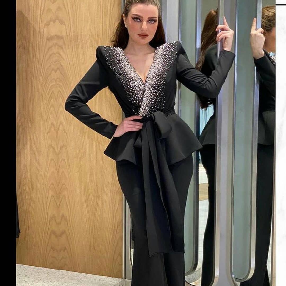Black Luxury Women Suits For Wedding Crystals Beads Blazer With Belt+Pants Formal Evening Party Dress Tuxedos Custom Made