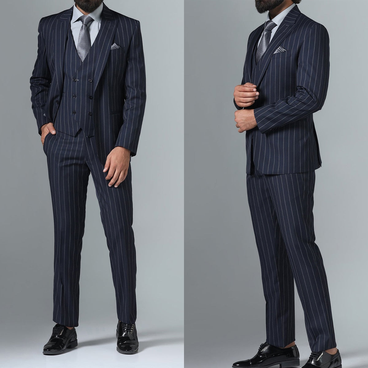 Traje negro para hombre, 3 piezas, blazer, chaleco, pantalón, botonadura sencilla, solapa de pico, esmoquin de negocios, traje de novio para boda a rayas. 