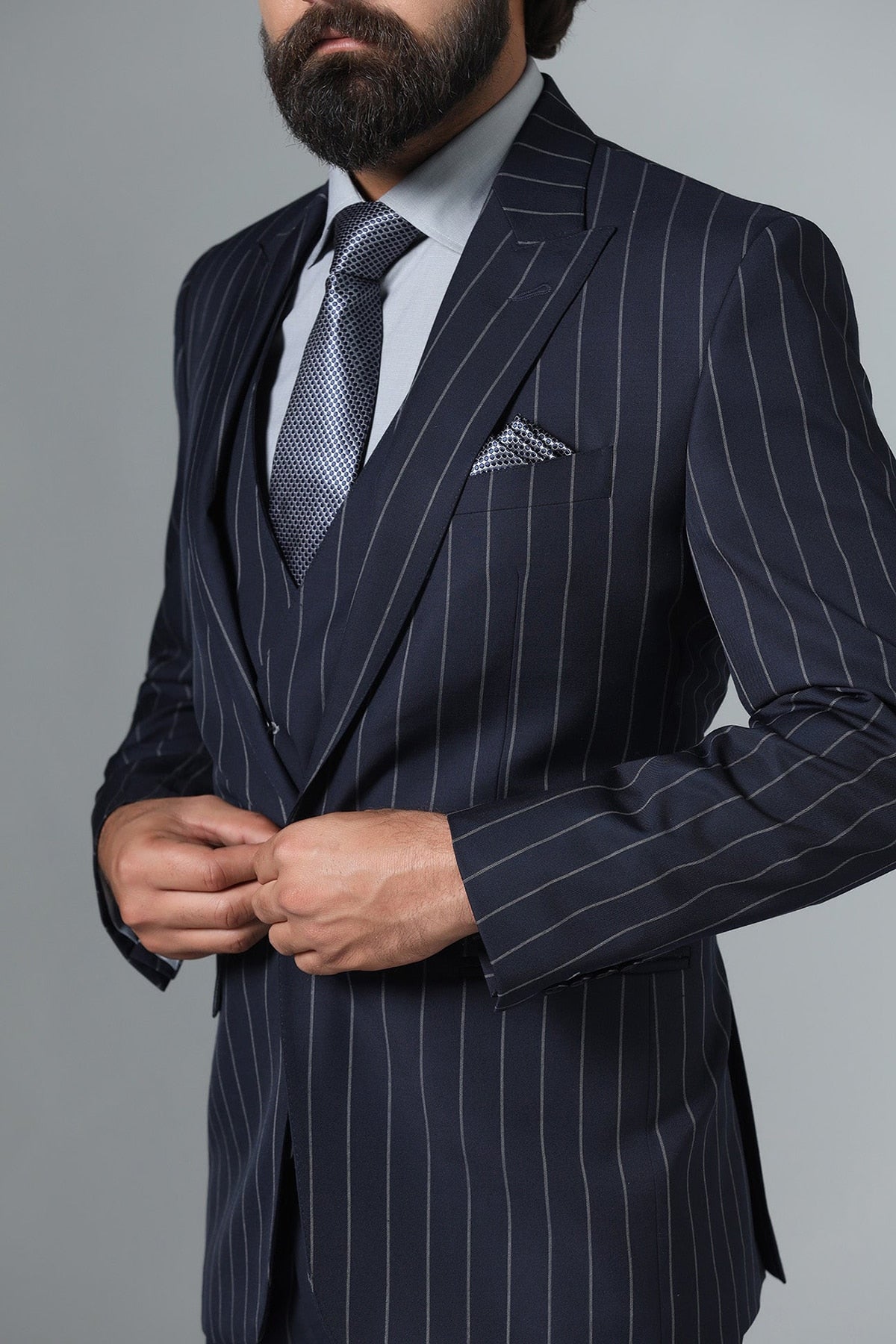 Traje negro para hombre, 3 piezas, blazer, chaleco, pantalón, botonadura sencilla, solapa de pico, esmoquin de negocios, traje de novio para boda a rayas. 