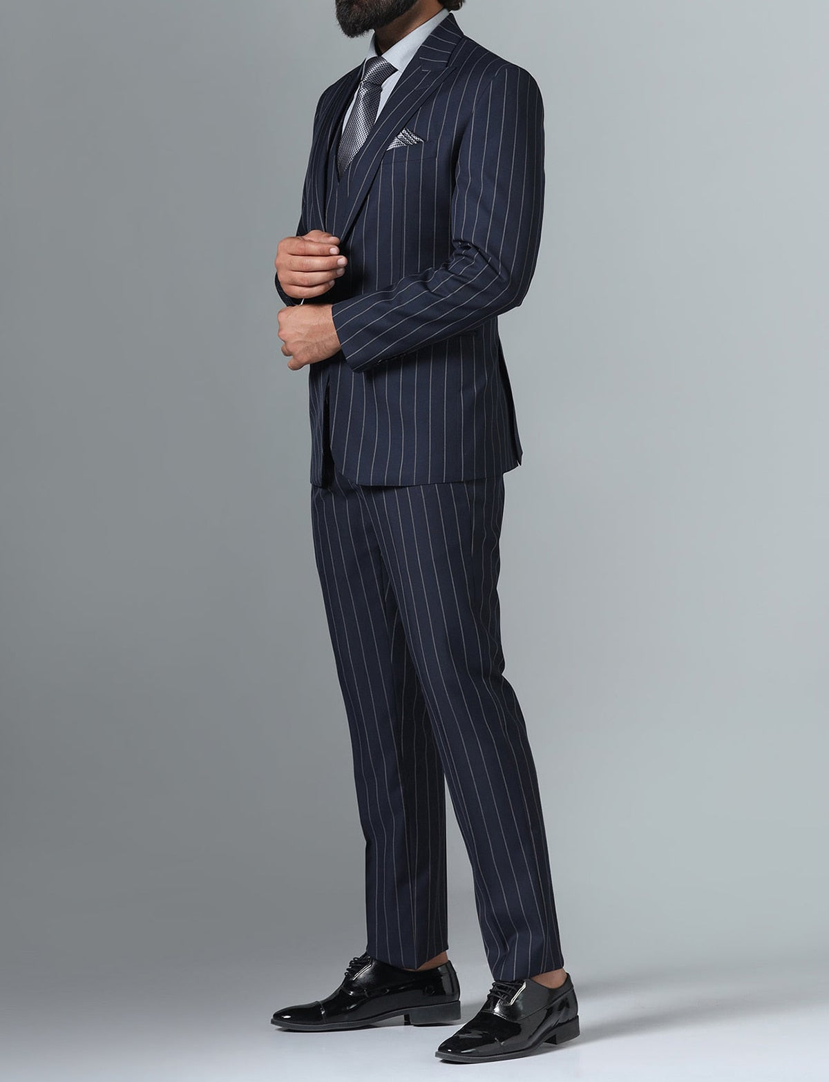 Traje negro para hombre, 3 piezas, blazer, chaleco, pantalón, botonadura sencilla, solapa de pico, esmoquin de negocios, traje de novio para boda a rayas. 