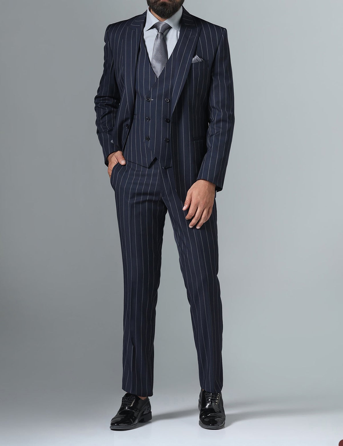 Traje negro para hombre, 3 piezas, blazer, chaleco, pantalón, botonadura sencilla, solapa de pico, esmoquin de negocios, traje de novio para boda a rayas. 