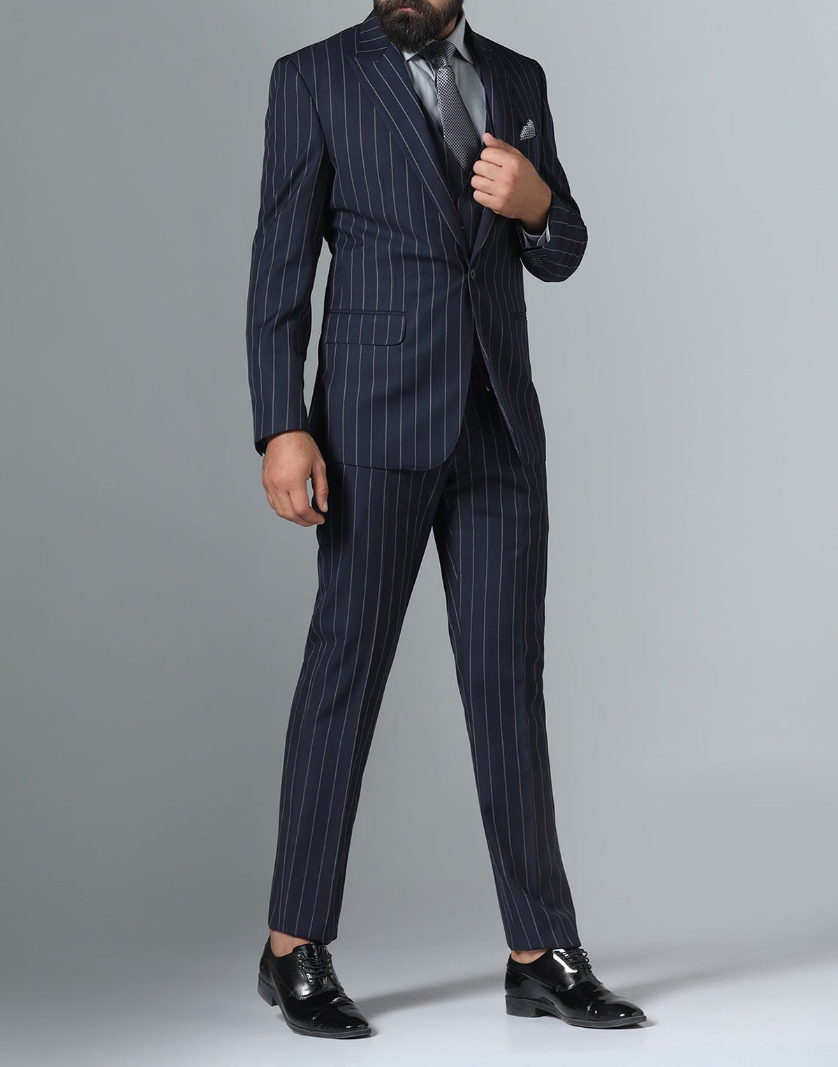 Traje negro para hombre, 3 piezas, blazer, chaleco, pantalón, botonadura sencilla, solapa de pico, esmoquin de negocios, traje de novio para boda a rayas. 