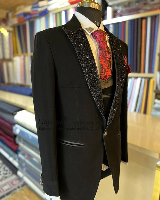 Black Men Suits Luxury Beaded Crystals Lapel Groom Tuxedos for Wedding Male Party Prom Blazer 3 Pieces Sets Slim Costume Homme