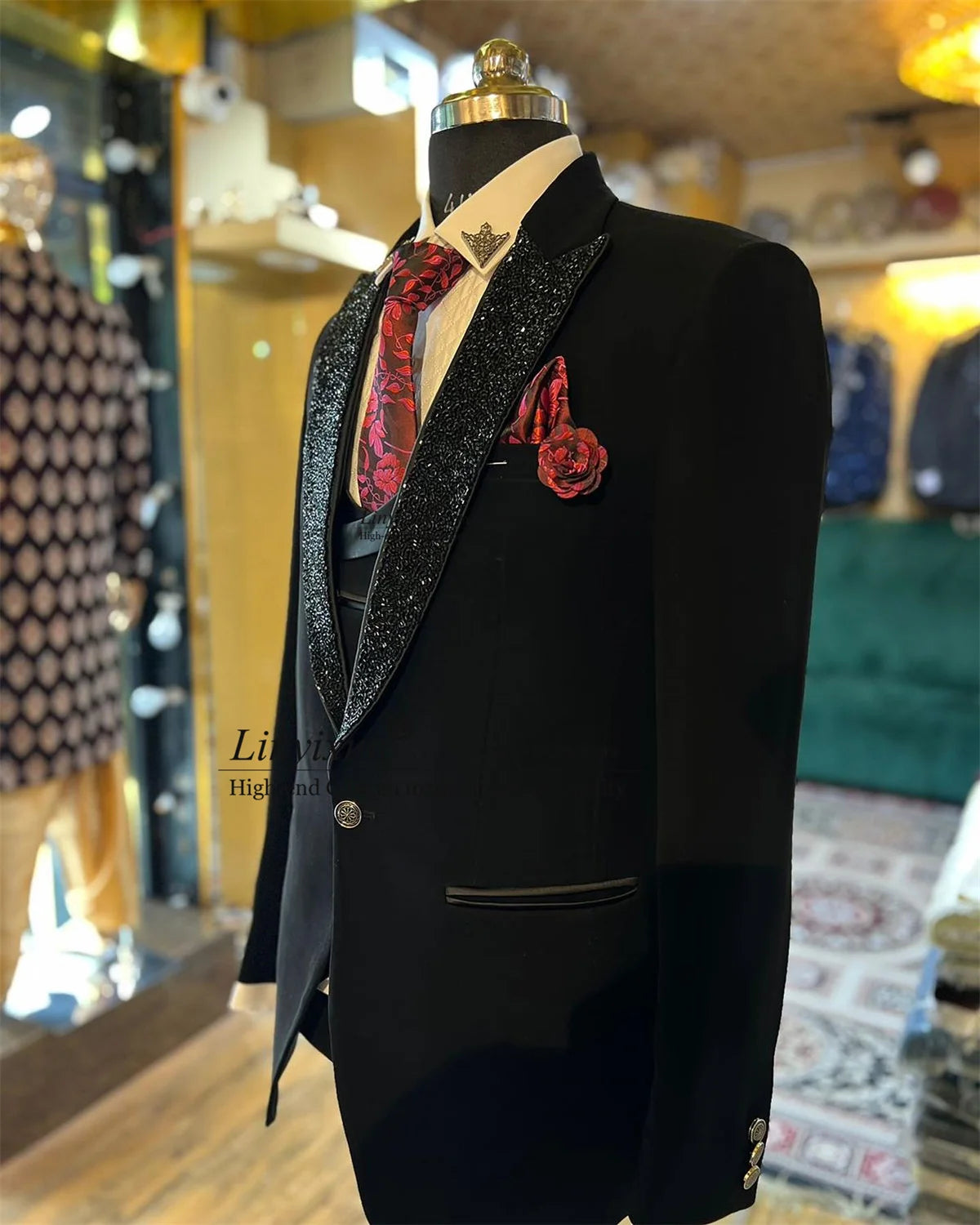 Trajes negros de lujo para hombre, con cuentas de cristal, solapa, esmoquin para novio, para boda, fiesta, graduación, blazer, conjunto de 3 piezas, traje ajustado para hombre