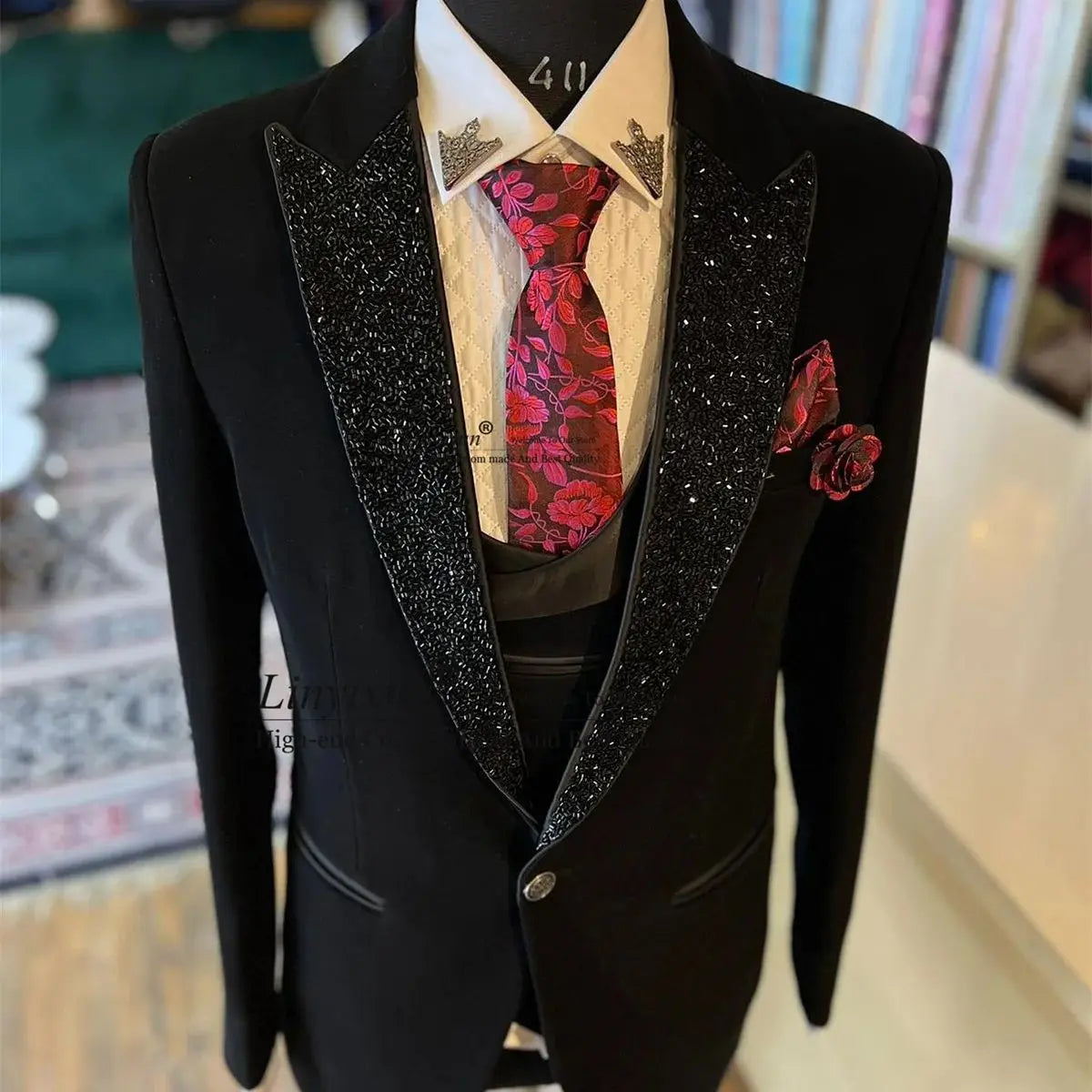 Trajes negros de lujo para hombre, con cuentas de cristal, solapa, esmoquin para novio, para boda, fiesta, graduación, blazer, conjunto de 3 piezas, traje ajustado para hombre