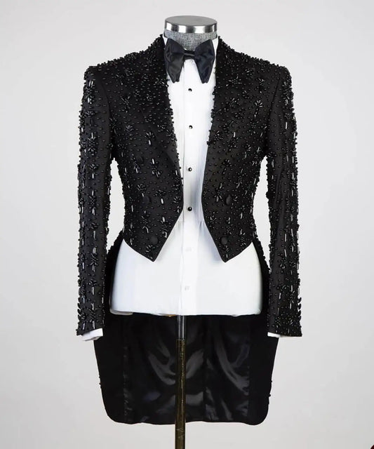 Chaqueta larga negra para hombre, blazer con dobladillo irregular y cuentas, para novio, boda, esmoquin formal, para fiesta, cumpleaños